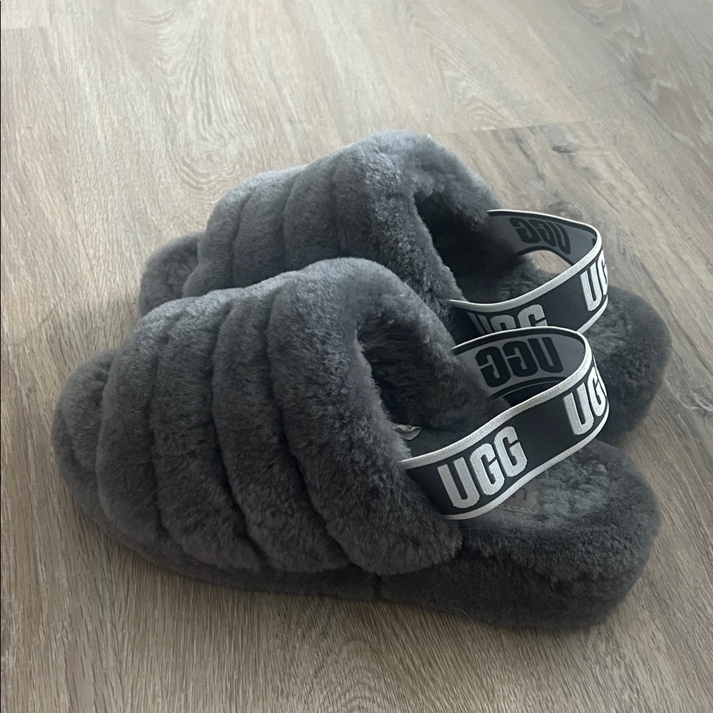 UGG Charcoal Fluffy Slides